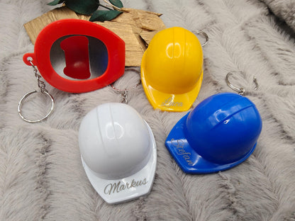 Schlüsselanhänger Schutzhelm mit Flaschenöffner mit individueller Gravur 4 Farben verfügbar personalisiert Geschenk