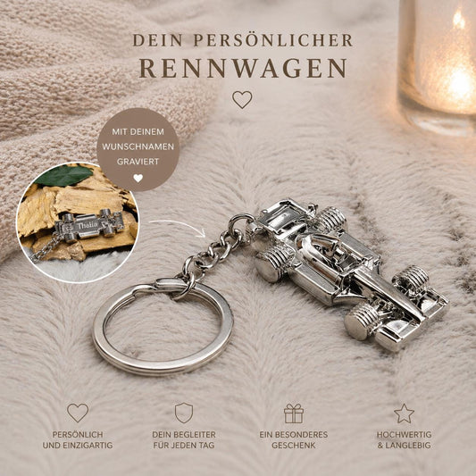 Schlüsselanhänger kleiner Rennwagen Bolide Auto Metall mit individueller Gravur Geschenk personalisiert