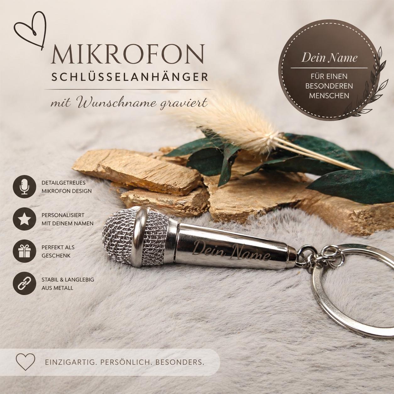 Schlüsselanhänger personalisiert Mikrofon Singen Star Metall mit individueller Gravur Geschenk