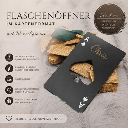 Flaschenöffner Kreditkartenformat schwarz Poker Ass mit individueller Gravur Geschenk Geschenkidee personalisiert