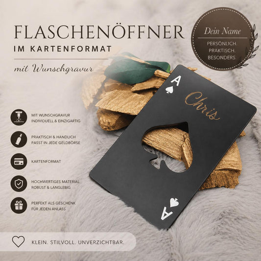 Flaschenöffner Kreditkartenformat schwarz Poker Ass mit individueller Gravur Geschenk Geschenkidee personalisiert