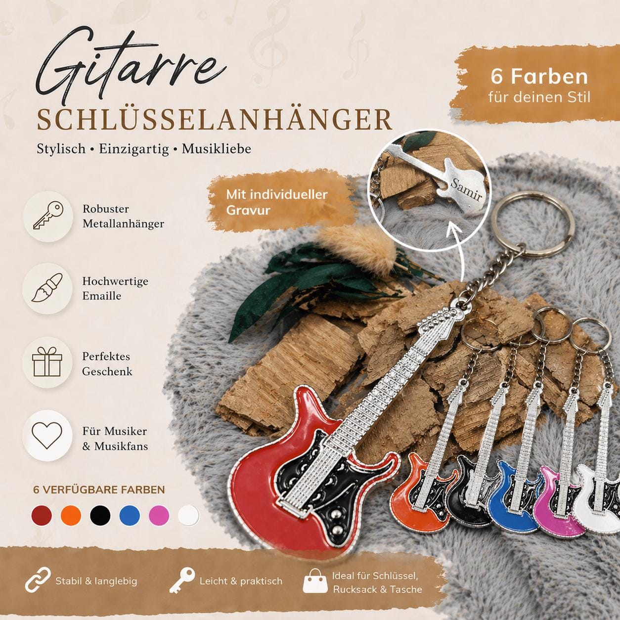 Schlüsselanhänger personalisiert Gitarre mit Gravur 70x26x1,6mm Geschenk