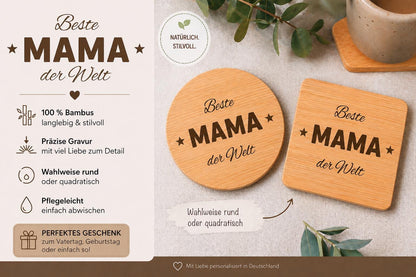 Untersetzer Beste MAMA der Welt personalisiert Bambus mit Wunschgravur individuelles Geschenk Geschenkidee Glasuntersetzer Geschenk