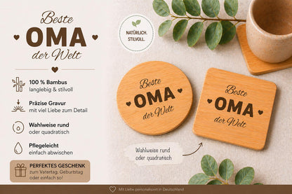 Untersetzer Beste OMA der Welt personalisiert Bambus mit Wunschgravur individuelles Geschenk Geschenkidee Glasuntersetzer Geschenk
