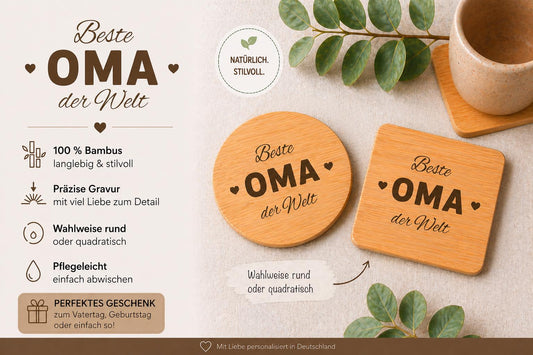 Untersetzer Beste OMA der Welt personalisiert Bambus mit Wunschgravur individuelles Geschenk Geschenkidee Glasuntersetzer Geschenk