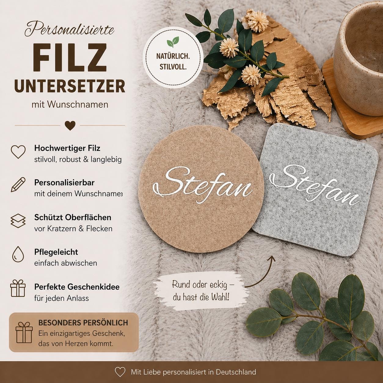 Untersetzer personalisiert Filz mit Wunschnamen 2 Farben zur Wahl Geschenkidee Glasuntersetzer Geschenk