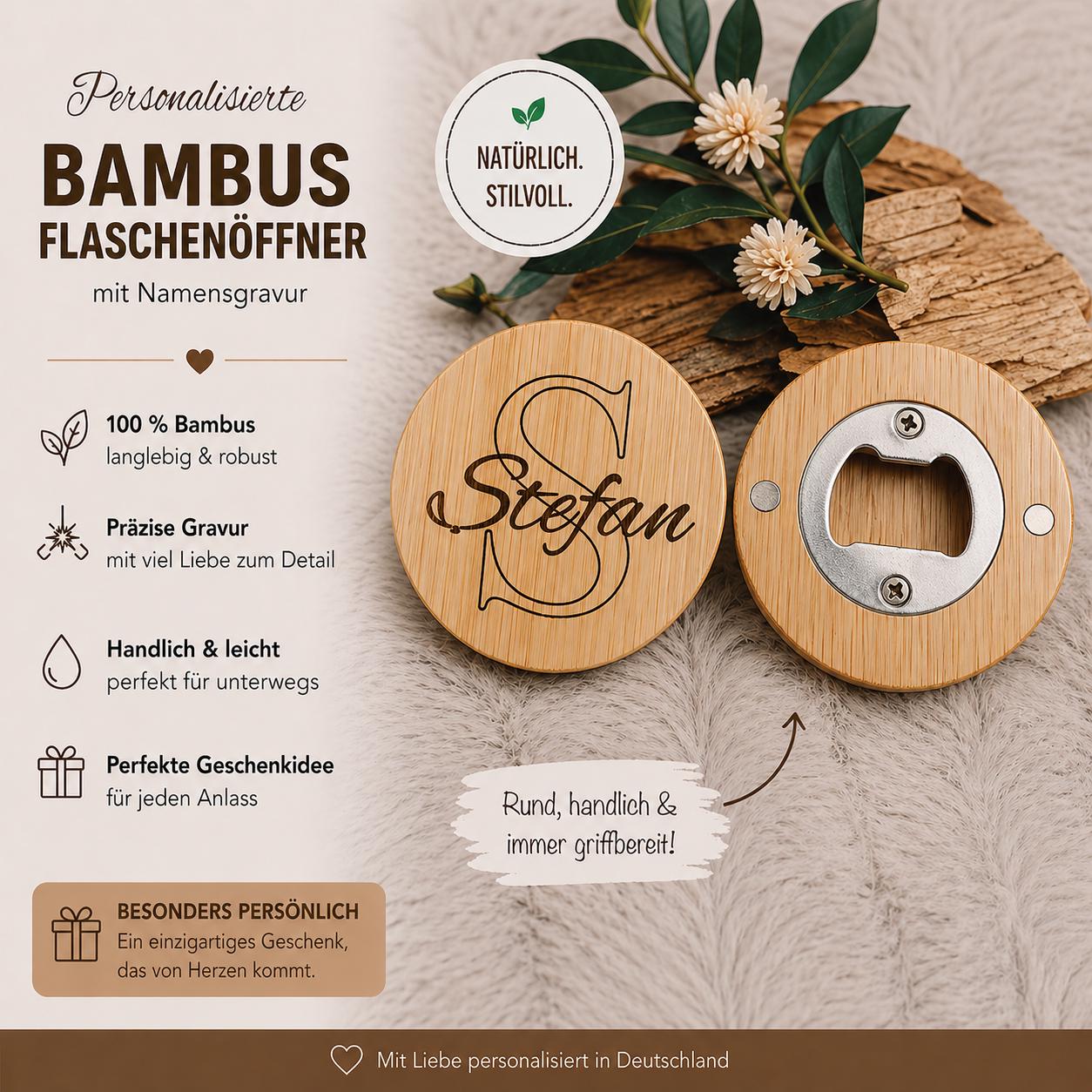 Flaschenöffner personalisiert rund aus Bambus mit individueller Gravur Geschenk Geschenkidee