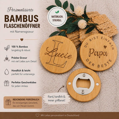Flaschenöffner personalisiert rund aus Bambus mit individueller Gravur 58 mm Geschenk Geschenkidee