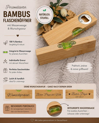 Wasserwaage Flaschenöffner personalisiert aus Holz 15 x 4,7 x 2 cm Bambus mit Wunschgravur individuelles Geschenk Heimwerker Handwerker