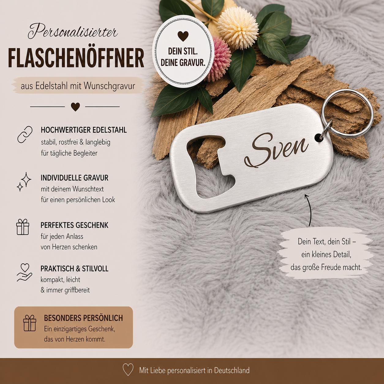 Schlüsselanhänger Flaschenöffner Edelstahl rechteckig mit Wunschgravur individueller Gravur Geschenk Geschenkidee personalisiert