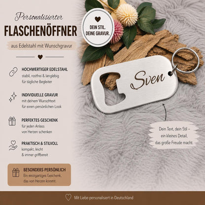 Schlüsselanhänger Flaschenöffner Edelstahl rechteckig mit Wunschgravur individueller Gravur Geschenk Geschenkidee personalisiert