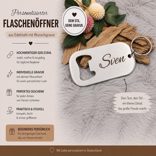 Schlüsselanhänger Flaschenöffner Edelstahl rechteckig mit Wunschgravur individueller Gravur Geschenk Geschenkidee personalisiert