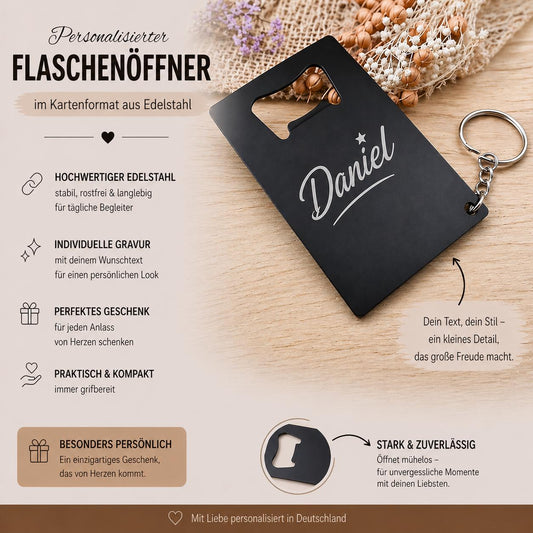 Flaschenöffner als Schlüsselanhänger schwarz Kreditkartenformat mit Gravur Geschenk Geschenkidee
