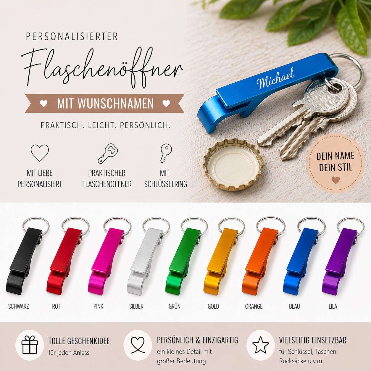 Flaschenöffner personalisiert 2 in 1 Dosenöffner als Schlüsselanhänger mit Gravur Geschenk Geschenkidee in verschiedenen Farben Aluminium