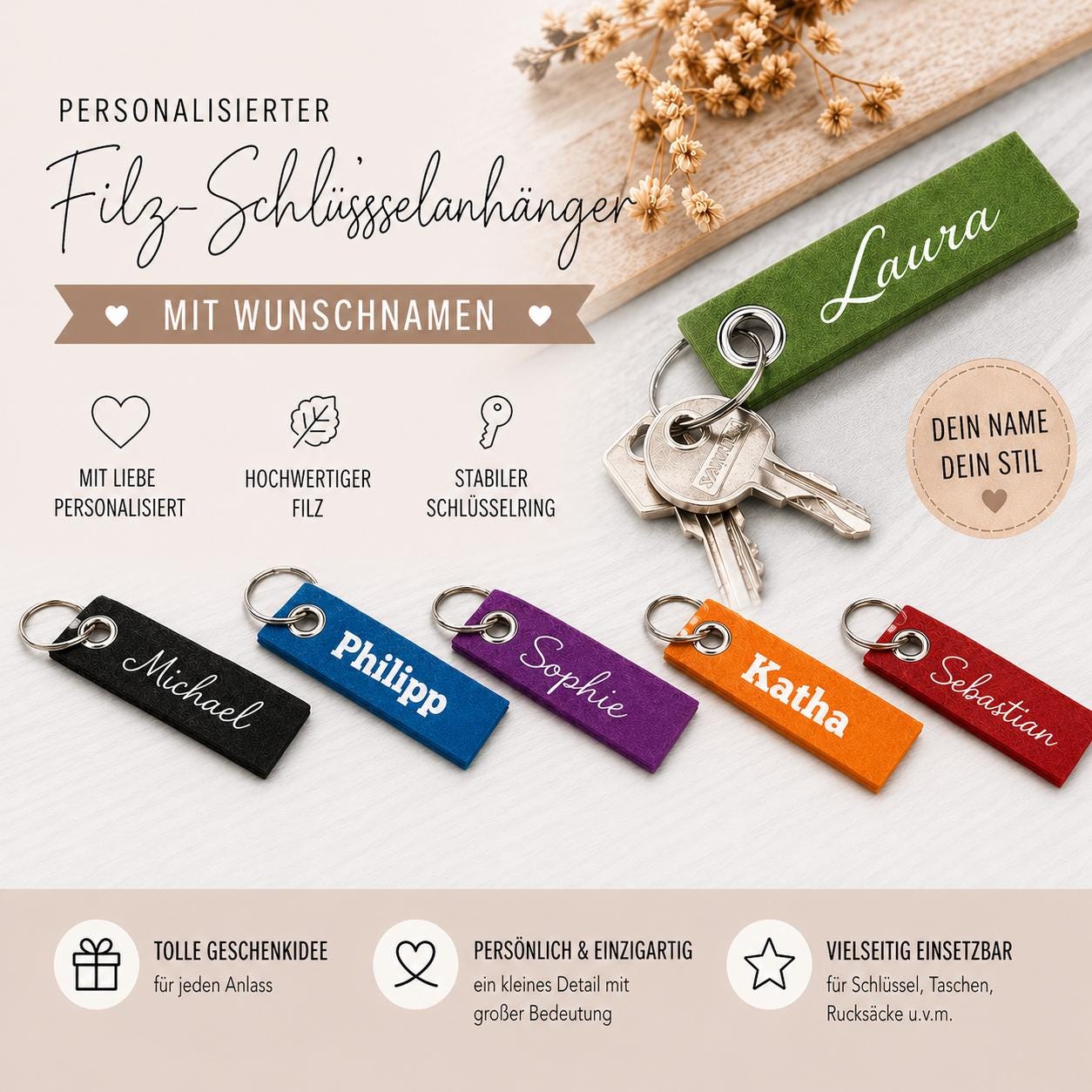 Schlüsselanhänger Filz personalisiert mit Namen 13 Farben zur Auswahl Geschenk
