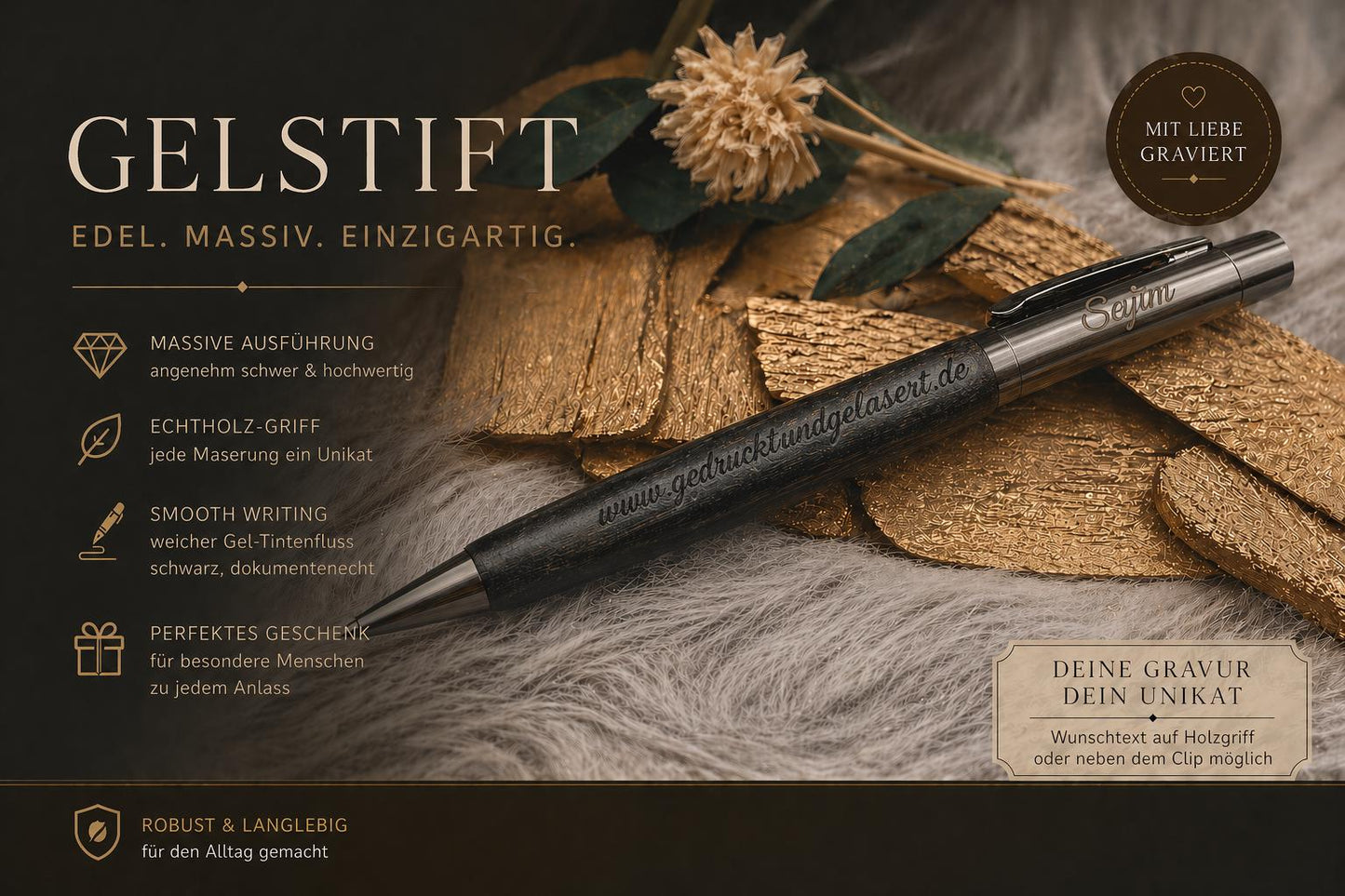 Edler Kugelschreiber Gelstift personalisiert mit Gravur schwarz Kuli Stift Holz Gastgeschenk Geschenk Gift