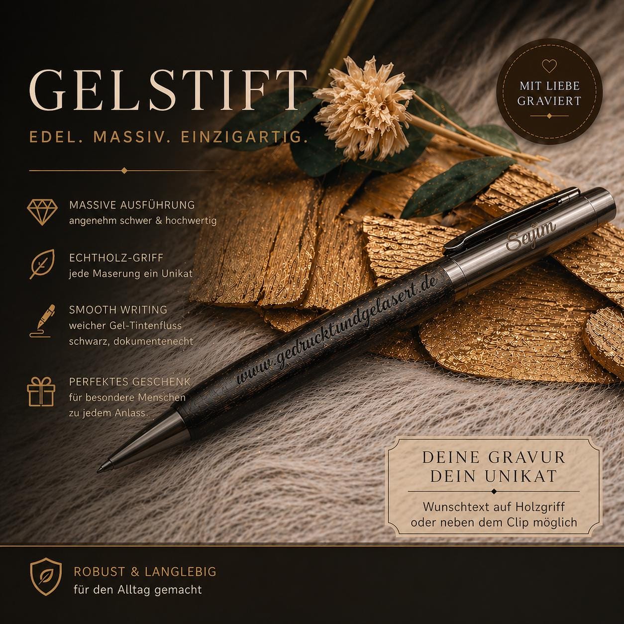 Edler Kugelschreiber Gelstift personalisiert mit Gravur schwarz Kuli Stift Holz Gastgeschenk Geschenk Gift