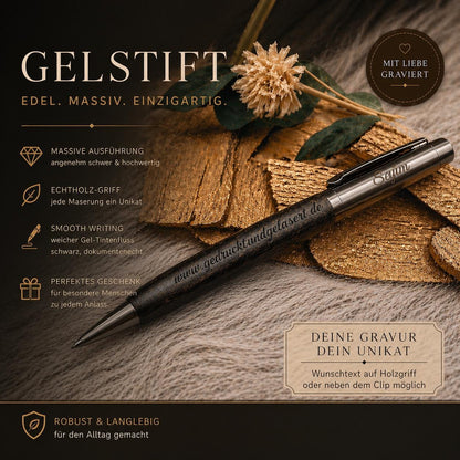 Edler Kugelschreiber Gelstift personalisiert mit Gravur schwarz Kuli Stift Holz Gastgeschenk Geschenk Gift
