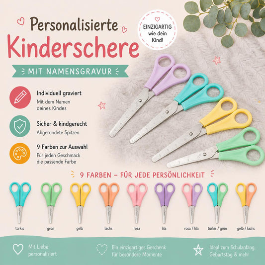 Schere Kinderschere personalisiert mit Gravur 9 pastellfarben Schulanfang Schule ABC-Schütze