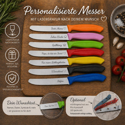 Messer personalisiert Küchenmesser Tomatenmesser mit individueller Gravur 11 cm Klinge 7 Farben zur Wahl