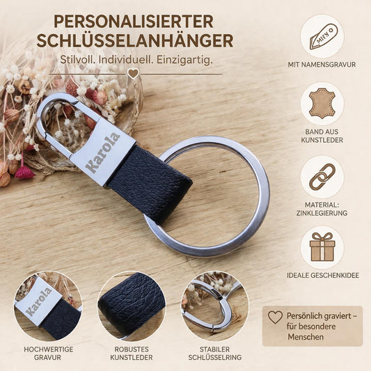 Schlüsselanhänger Karabiner schwarz Kunstleder mit individueller Gravur personalisiert Geschenk
