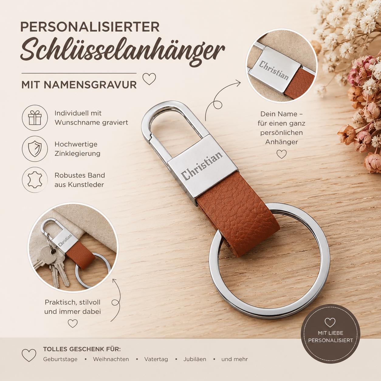 Schlüsselanhänger Karabiner braun Kunstleder mit individueller Gravur personalisiert Geschenk