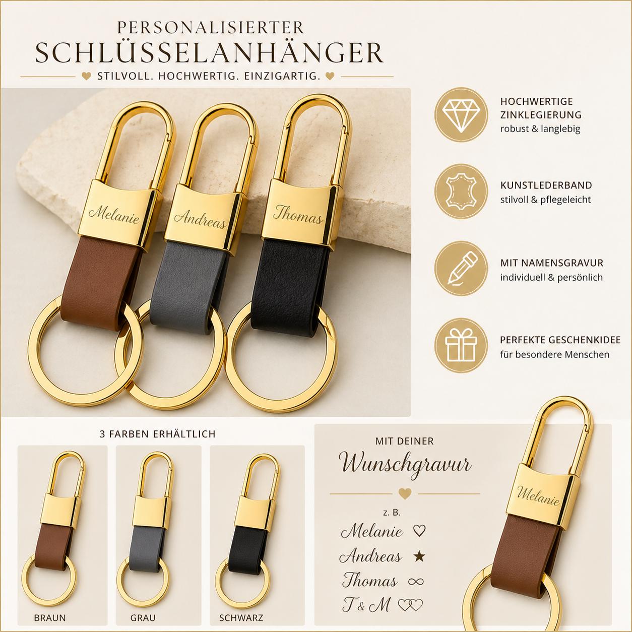 Schlüsselanhänger gold personalisiert Karabiner Kunstleder mit individueller Gravur 3 Farben zur Auswahl Geschenk