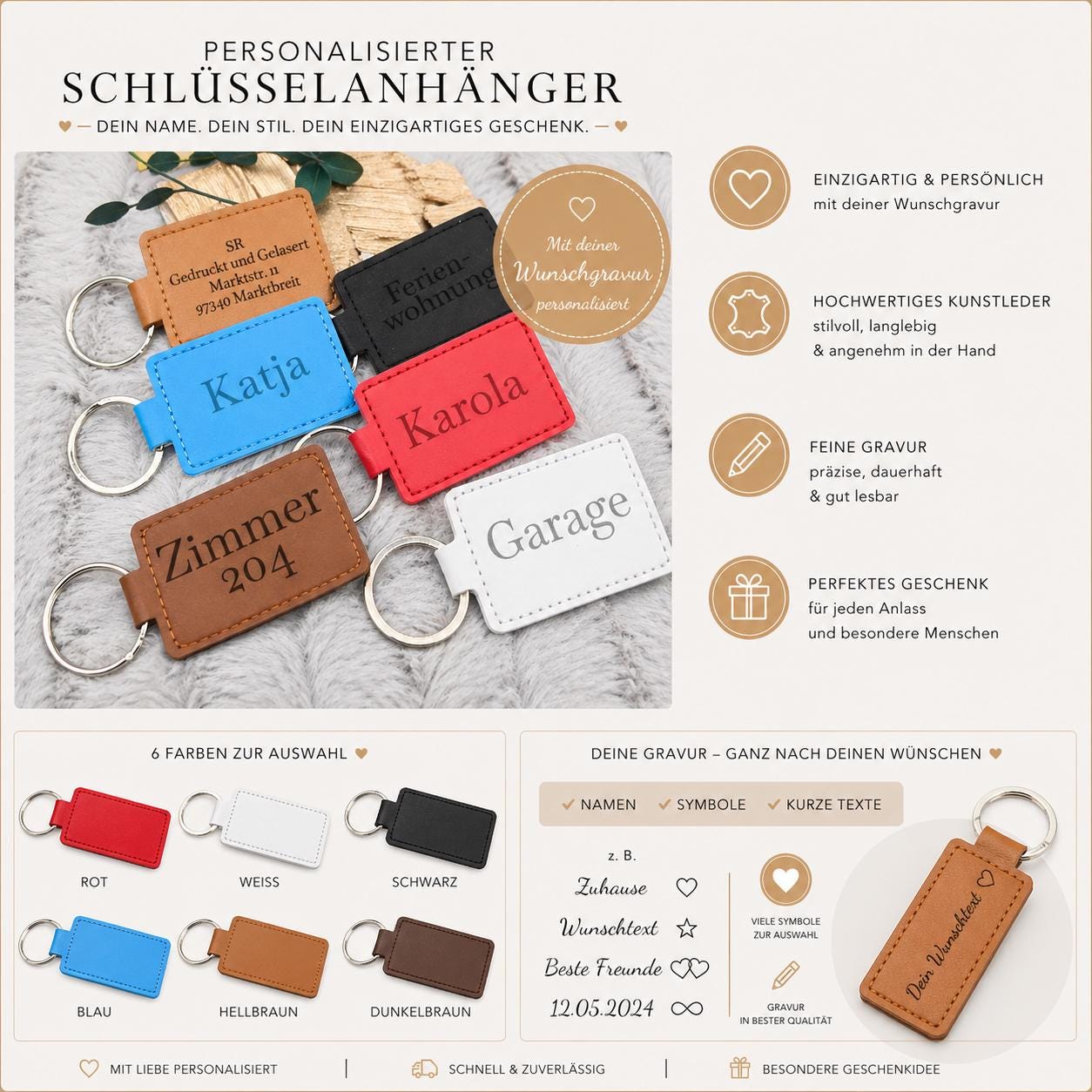 Personalisierter Schlüsselanhänger Kunstleder mit Gravur | Individueller Anhänger Wunschtext | Hochzeit & Geburtstag | Schlüsselbund