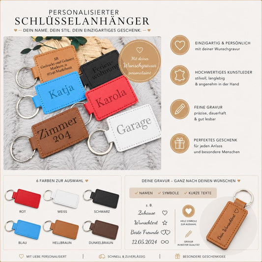 Personalisierter Schlüsselanhänger Kunstleder mit Gravur | Individueller Anhänger Wunschtext | Hochzeit & Geburtstag | Schlüsselbund