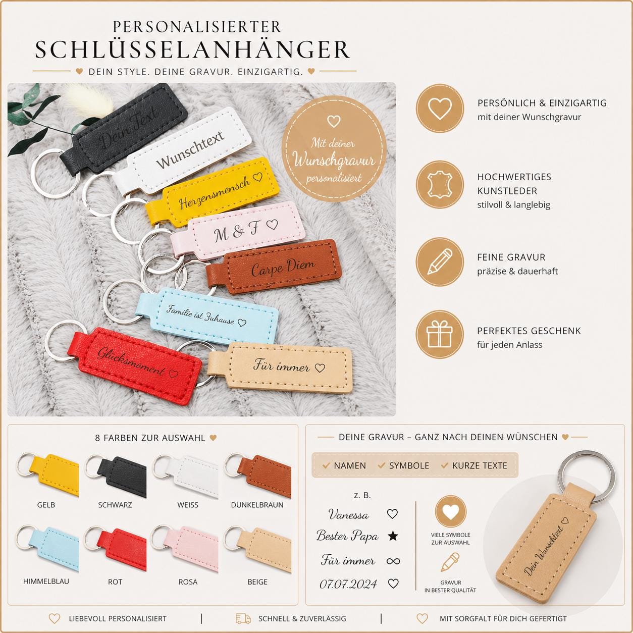 Schlüsselanhänger personalisiert rechteckig Kunstleder mit Gravur 63x26x3,3mm Geschenk
