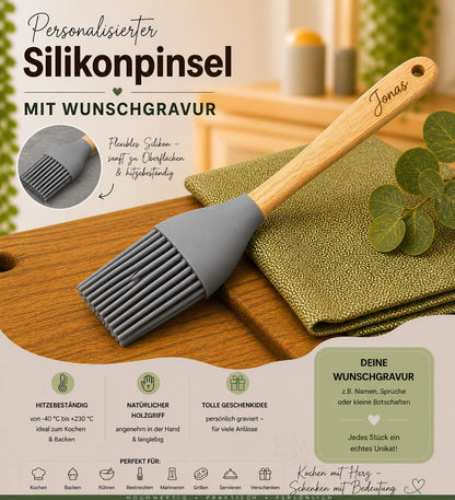 Silikonpinsel Backpinsel Bambus Pinsel grau zum grillen, backen, marinieren, kochen uvm. ca. 21 cm lang mit Wunschgravur personalisiert