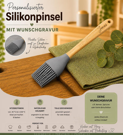 Silikonpinsel Backpinsel Bambus Pinsel grau zum grillen, backen, marinieren, kochen uvm. ca. 21 cm lang mit Wunschgravur personalisiert