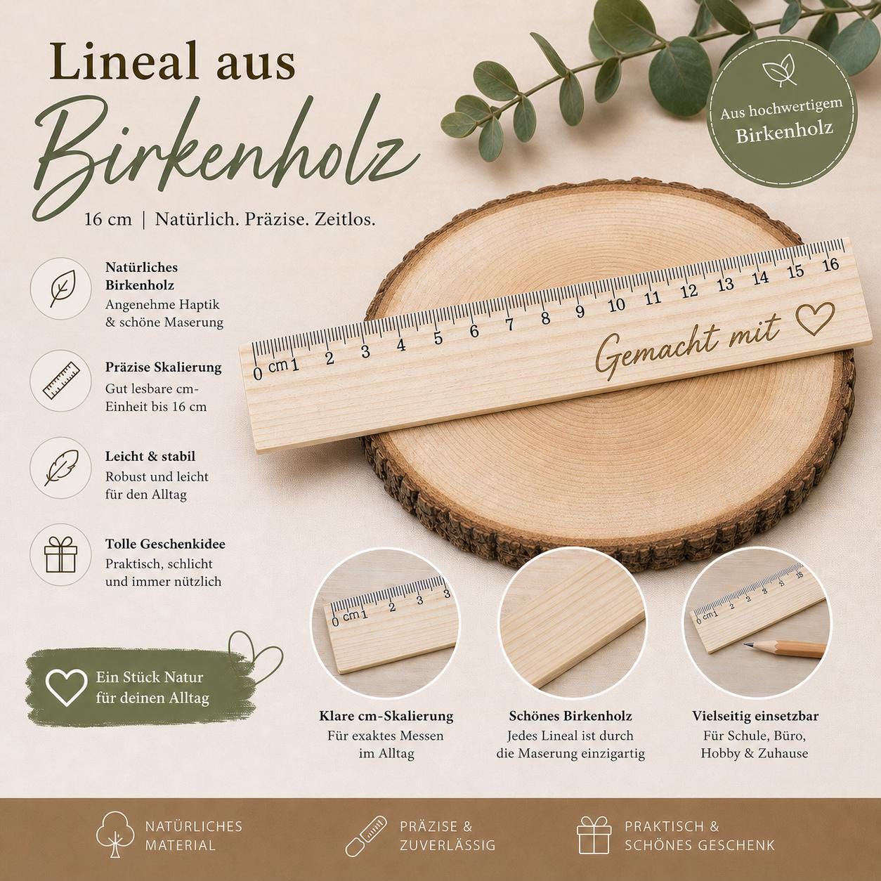 Lineal aus Holz 16 cm mit individueller Gravur Geschenk Schulkind Einschulung nachhaltig Birkenholz Holzlineal 170 x 25 x 3 mm  Geschenk