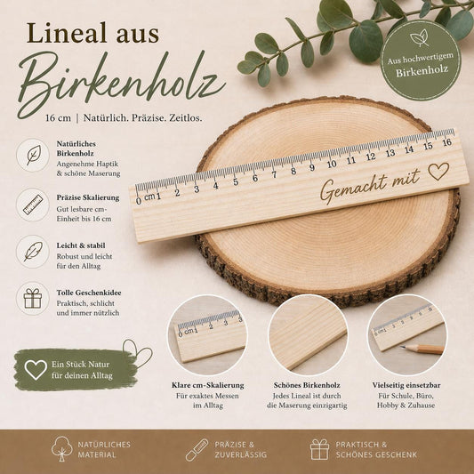 Lineal aus Holz 16 cm mit individueller Gravur Geschenk Schulkind Einschulung nachhaltig Birkenholz Holzlineal 170 x 25 x 3 mm  Geschenk