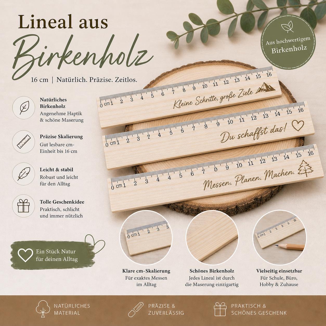 Lineal aus Holz 16 cm mit individueller Gravur Geschenk Schulkind Einschulung nachhaltig Birkenholz Holzlineal 170 x 25 x 3 mm  Geschenk