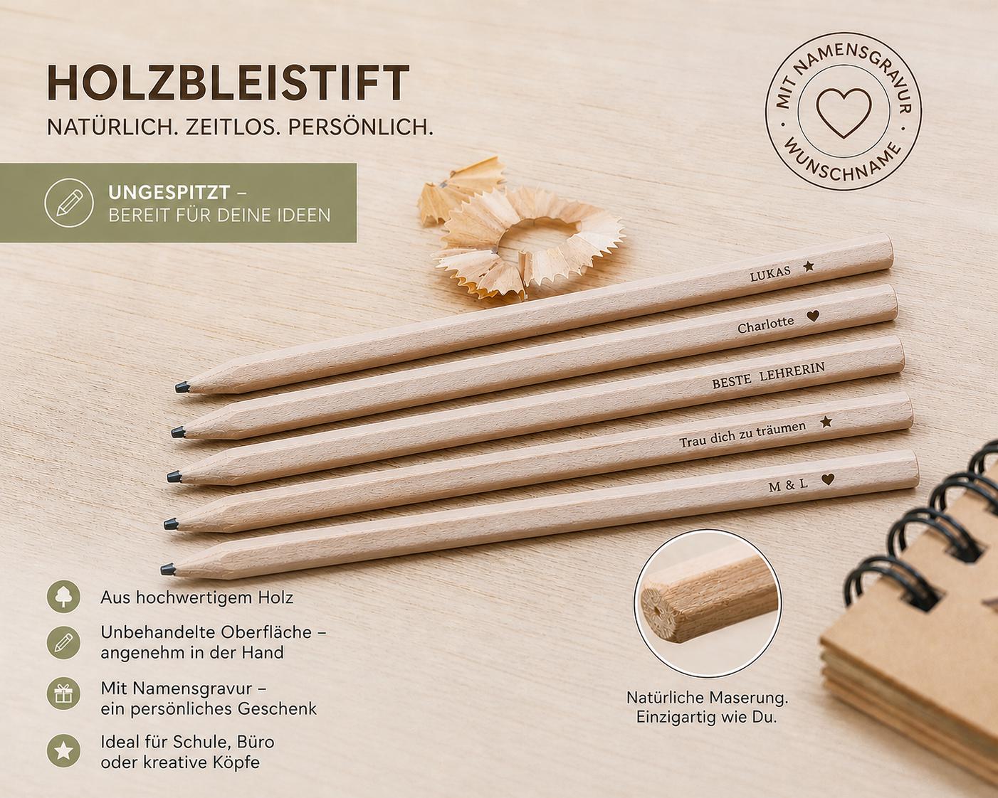 Personalisierter Bleistift mit Gravur | Gastgeschenk Hochzeit & Kommunion | Platzkarte Alternative | Bleistift mit Namen für Schultüte