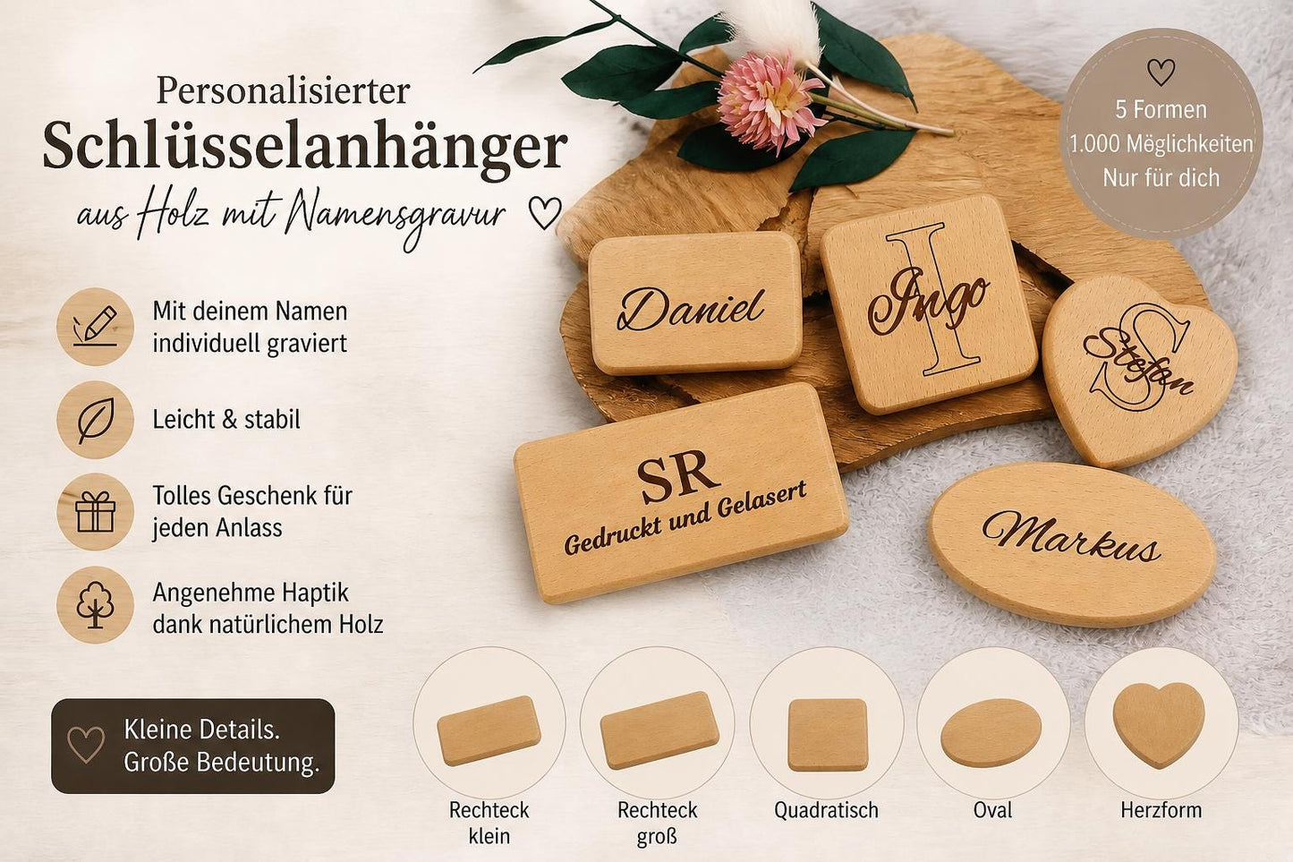 Personalisierter Schlüsselanhänger Holz mit Gravur | Individueller Holzanhänger Herz Rechteck Oval Quadrat | Gastgeschenk Hochzeit & Einzug