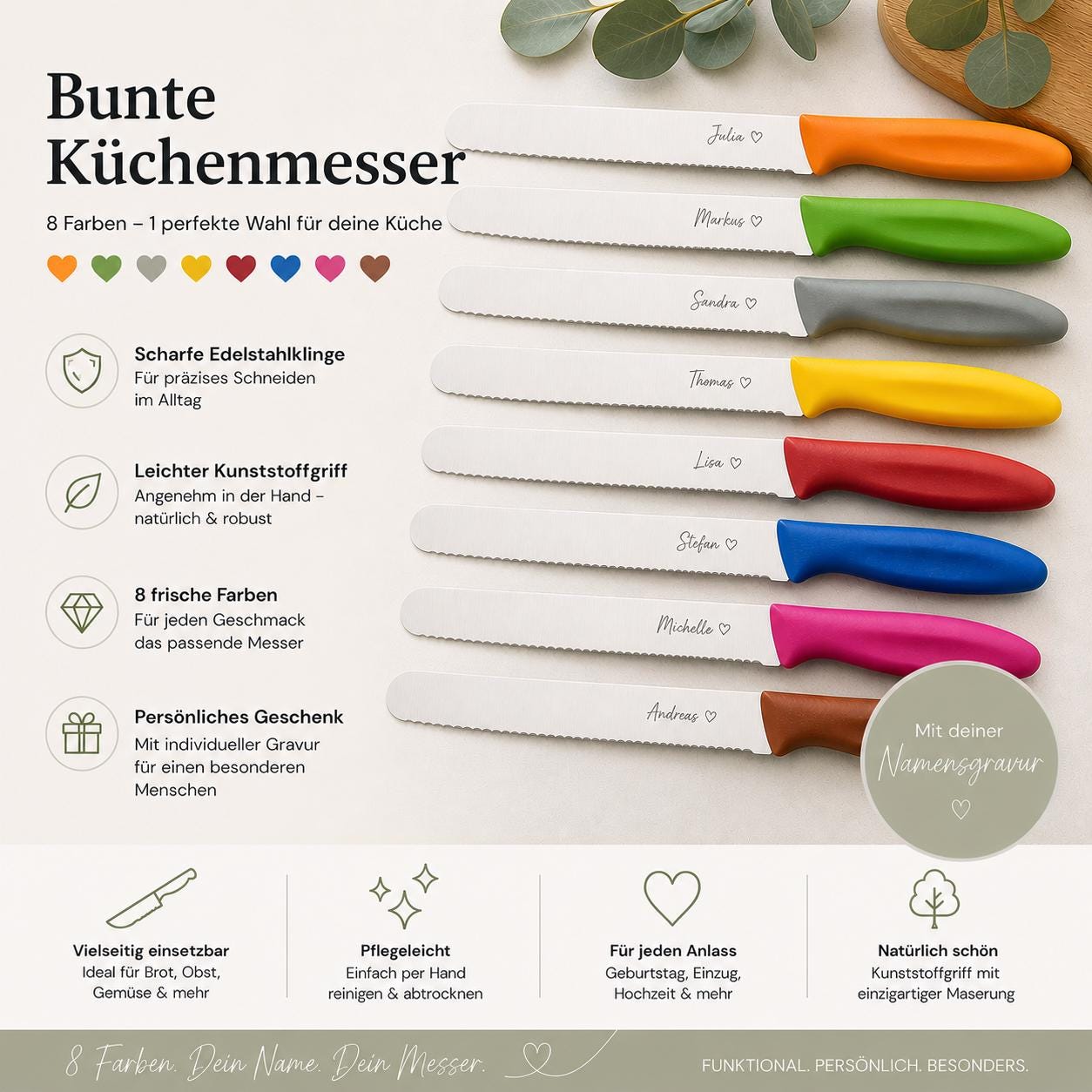 Personalisiertes Messer mit Gravur auf Klinge | Scharfes Brötchenmesser & Tomatenmesser Wellenschliff | Küchenmesser Edelstahl | Geschenk