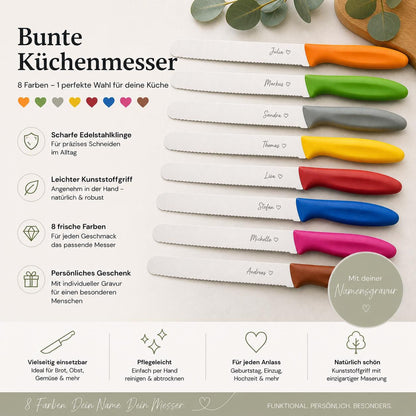 Personalisiertes Messer mit Gravur auf Klinge | Scharfes Brötchenmesser & Tomatenmesser Wellenschliff | Küchenmesser Edelstahl | Geschenk