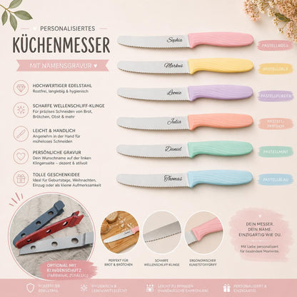 Personalisiertes Messer Pastell mit Gravur | Scharfes Brötchenmesser & Tomatenmesser | Küchenmesser| Optional mit Klingenschutz