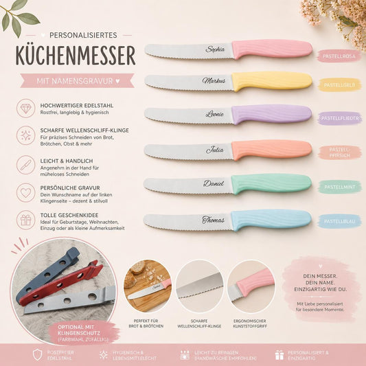 Personalisiertes Messer Pastell mit Gravur | Scharfes Brötchenmesser & Tomatenmesser | Küchenmesser| Optional mit Klingenschutz
