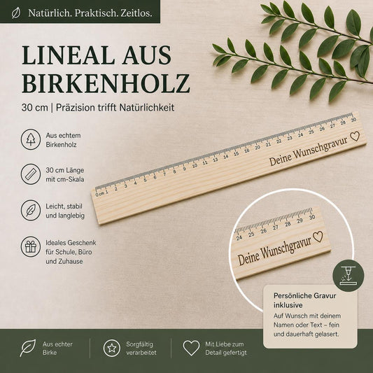 Personalisiertes Lineal 30 cm mit Name | Lineal aus Birkenholz graviert | Geschenk zur Einschulung & Schulanfang | Schulzubehör