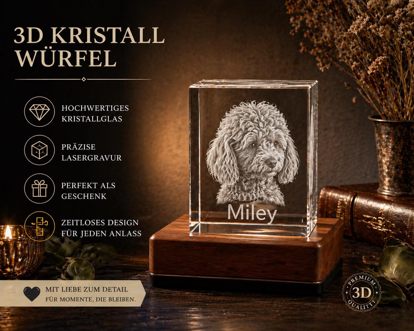3D Foto Tierfoto im Kristall Würfel Kristallwürfel Haustier Gravur Fotogravur 40x40x40mm