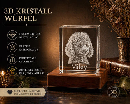 3D Foto Tierfoto im Kristall Würfel Kristallwürfel Haustier Gravur Fotogravur 40x40x40mm