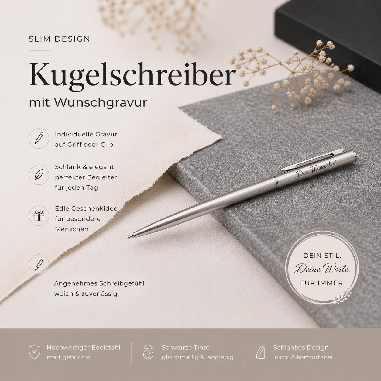 Kugelschreiber personalisiert Slim mit Gravur Kuli Stift Holz Gastgeschenk Geschenk Gift Edelstahl