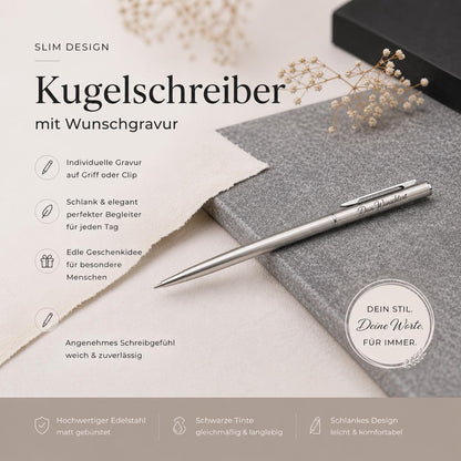 Kugelschreiber personalisiert Slim mit Gravur Kuli Stift Holz Gastgeschenk Geschenk Gift Edelstahl