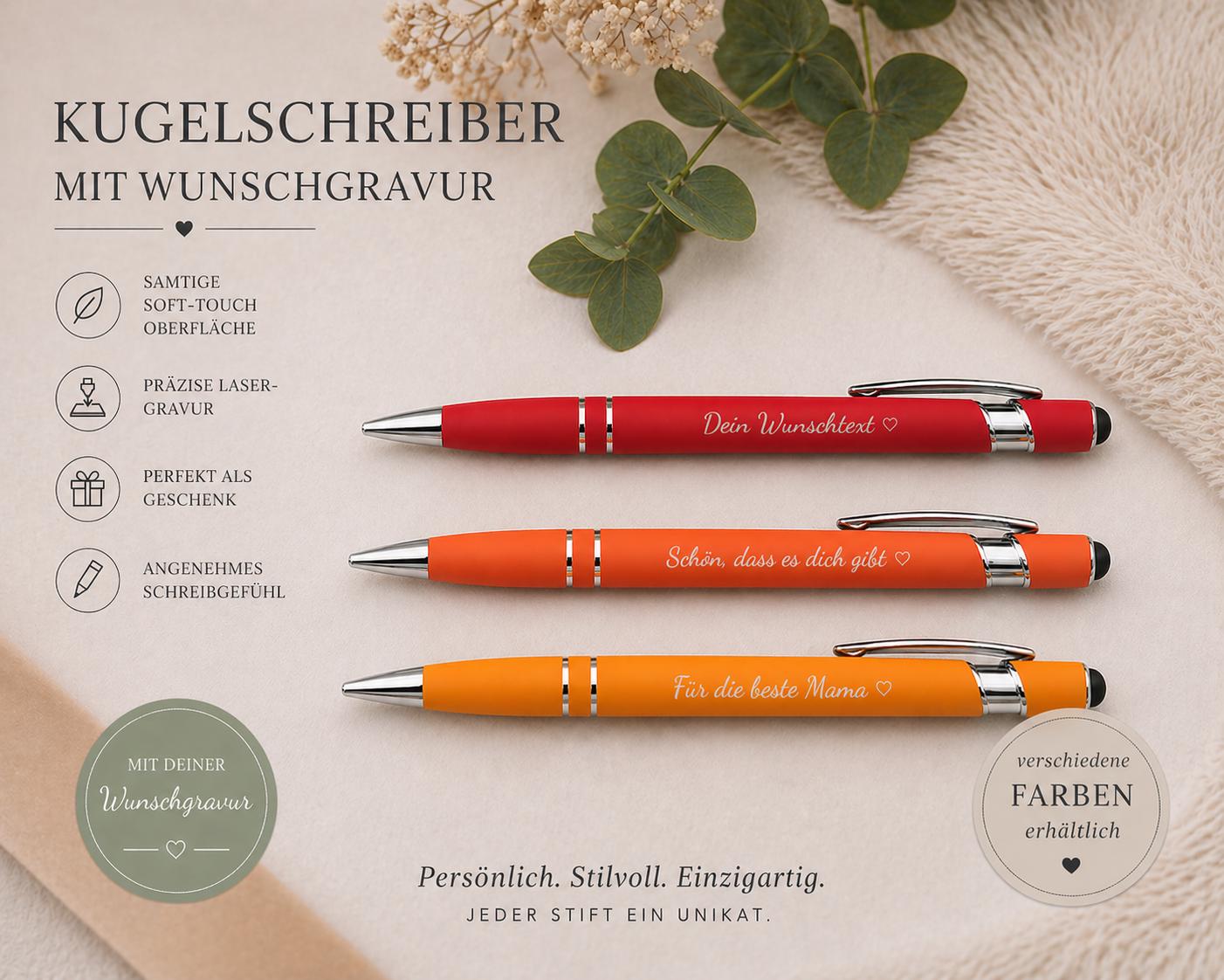 Kugelschreiber personalisiert mit Touchpen rot orange oder orangerot aus Aluminium mit Gravur Kuli Stift Holz Gastgeschenk Geschenk