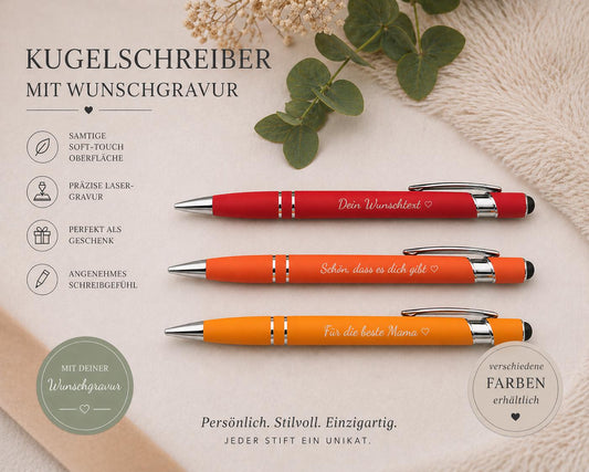 Kugelschreiber personalisiert mit Touchpen rot orange oder orangerot aus Aluminium mit Gravur Kuli Stift Holz Gastgeschenk Geschenk