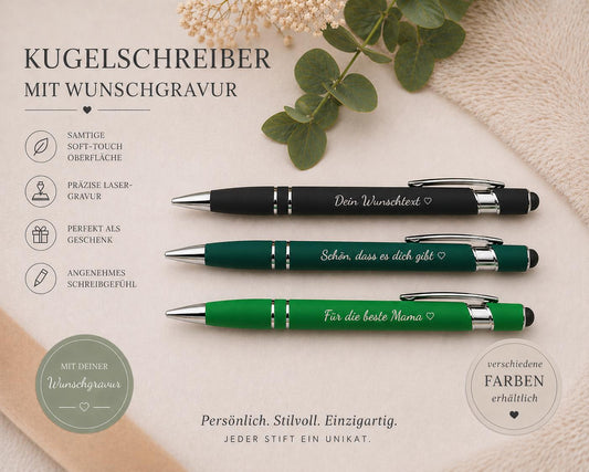 Kugelschreiber personalisiert mit Touchpen grün dunkelgrün oder schwarz aus Aluminium mit Gravur Kuli Stift Holz Gastgeschenk Geschenk