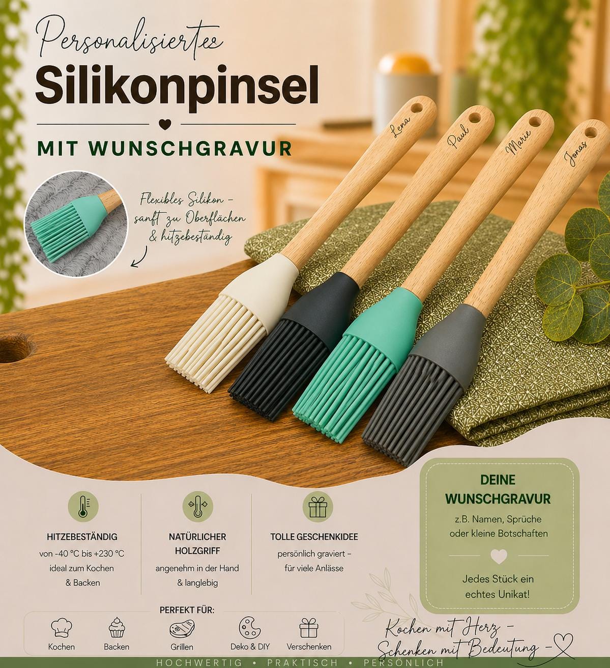 Silikonpinsel personalisiert Grillpinsel Backpinsel 27 cm lang 4 Farben zur Wahl backen marinieren, kochen mit individueller Gravur Geschenk
